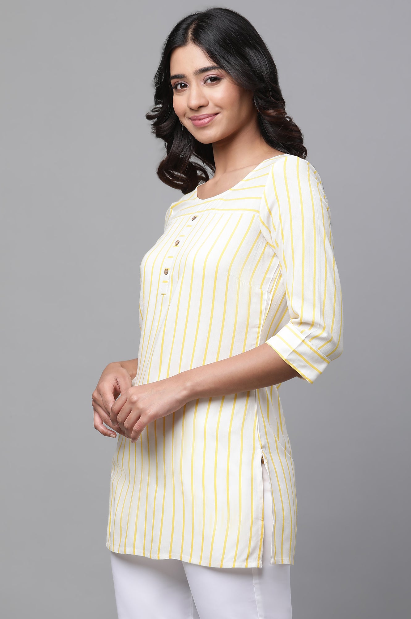 Yellow Stripe Printed Short Kurti