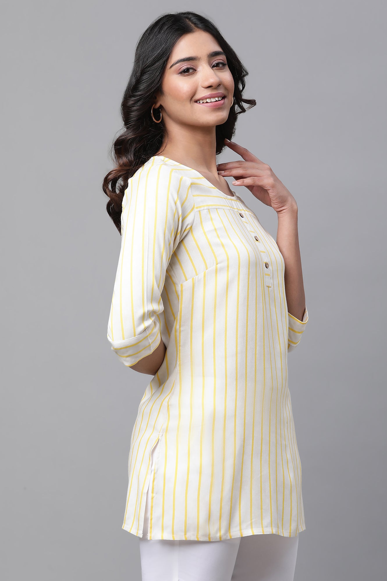 Yellow Stripe Printed Short Kurti