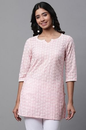Pink Cotton Schiffli Floral Embroidered Short Kurti - XS