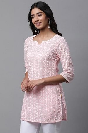 Pink Cotton Schiffli Floral Embroidered Short Kurti