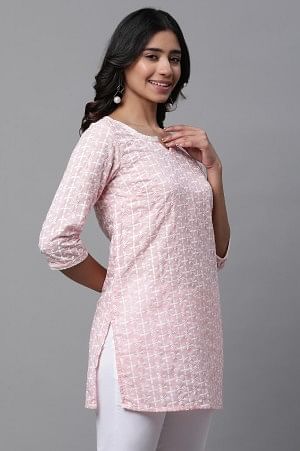 Pink Cotton Schiffli Floral Embroidered Short Kurti