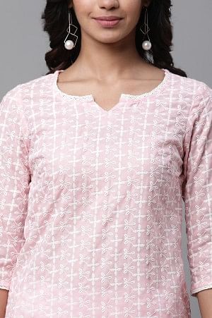 Pink Cotton Schiffli Floral Embroidered Short Kurti