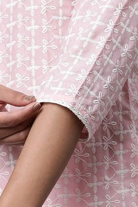 Pink Cotton Schiffli Floral Embroidered Short Kurti