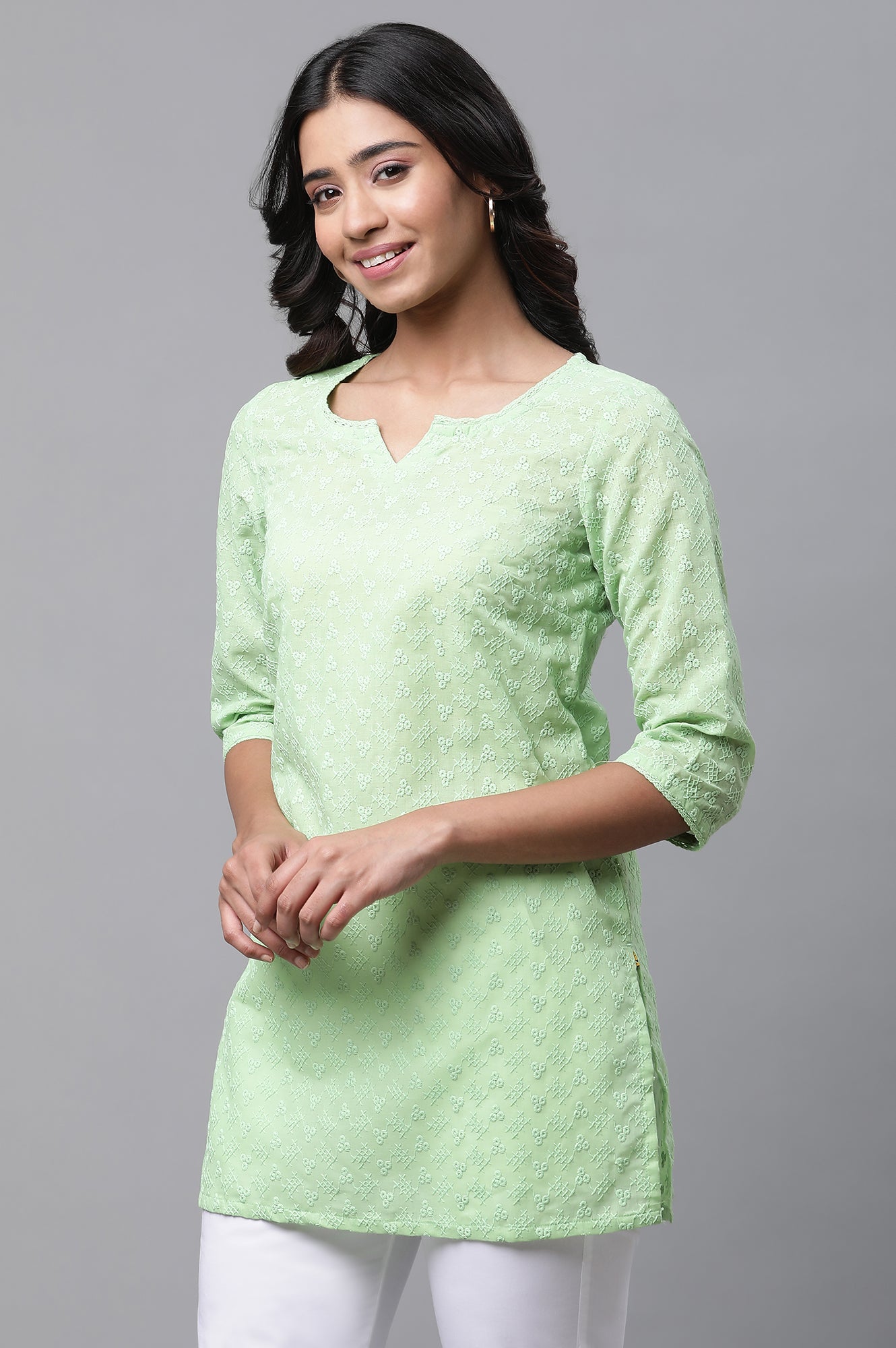 Green Cotton Schiffli Floral Embroidered Short Kurti