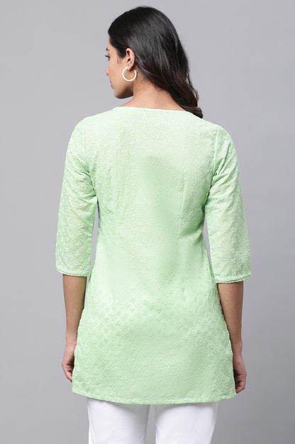 Green Cotton Schiffli Floral Embroidered Short Kurti