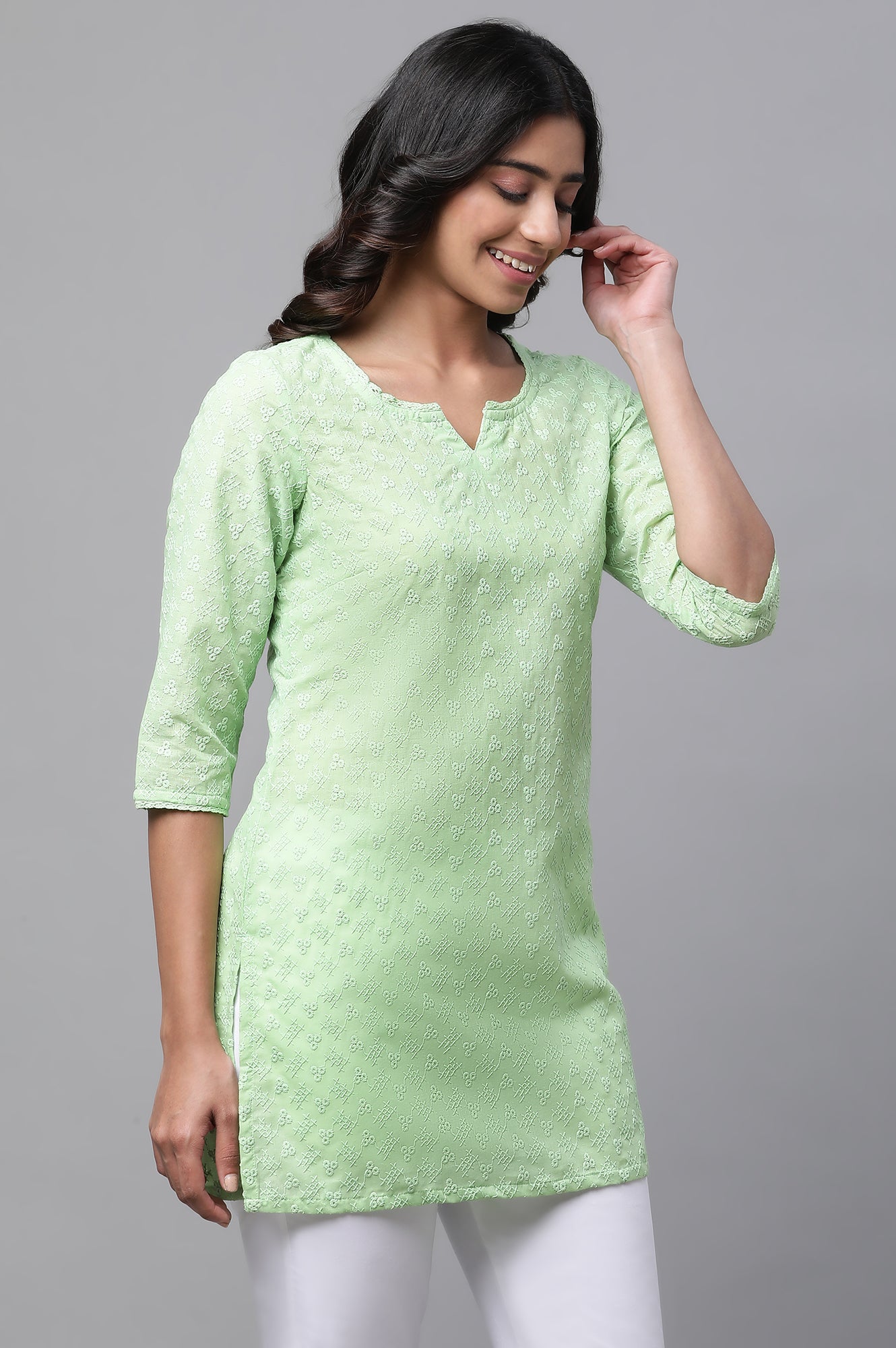 Green Cotton Schiffli Floral Embroidered Short Kurti