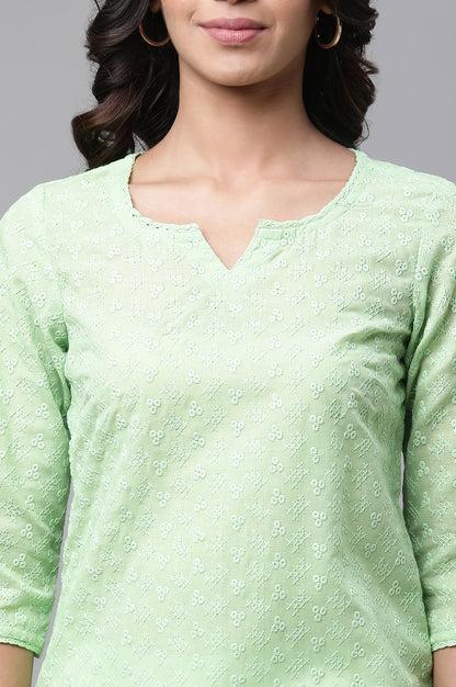 Green Cotton Schiffli Floral Embroidered Short Kurti