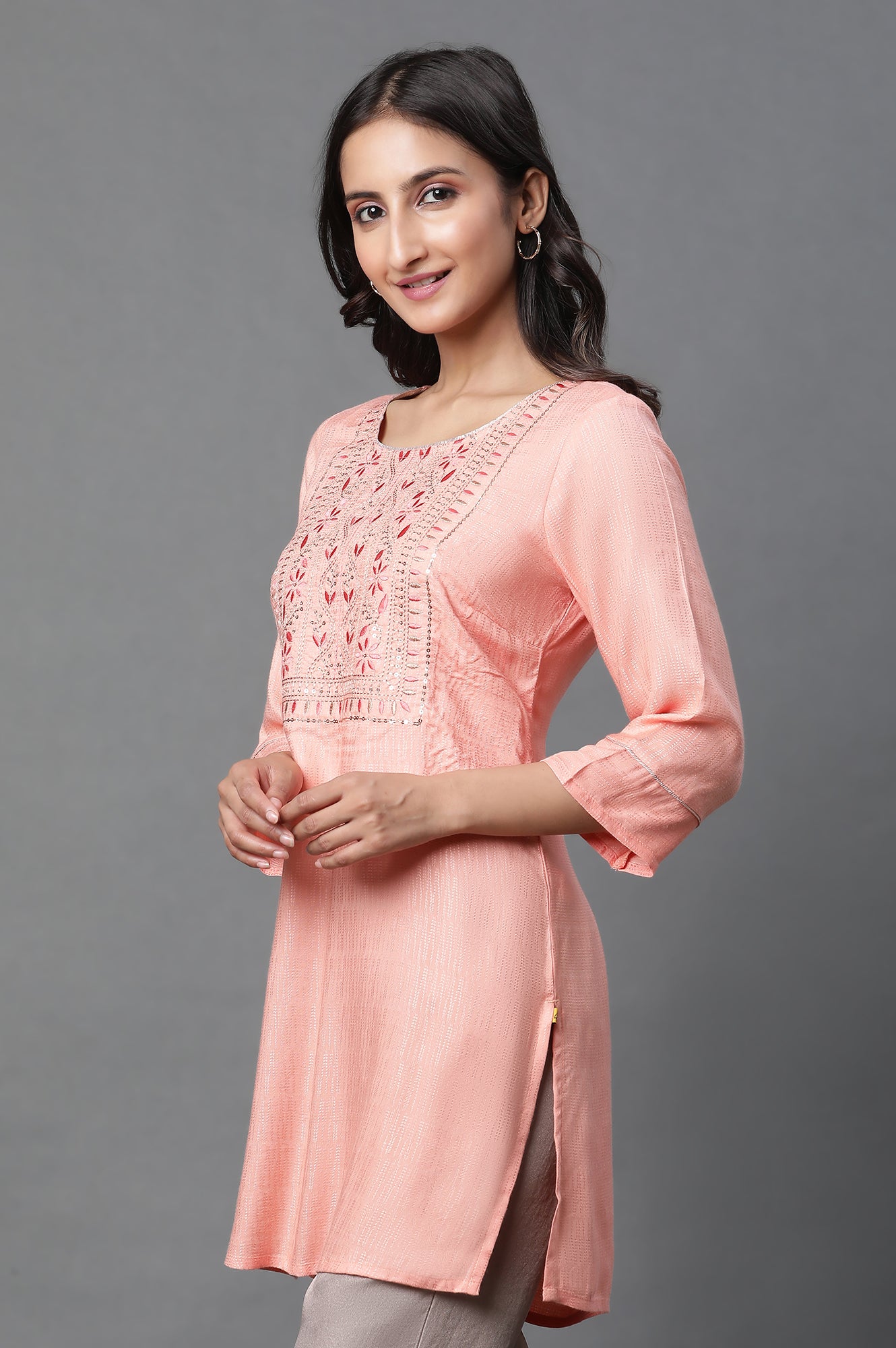 Peach Zari Embroidered Kurti