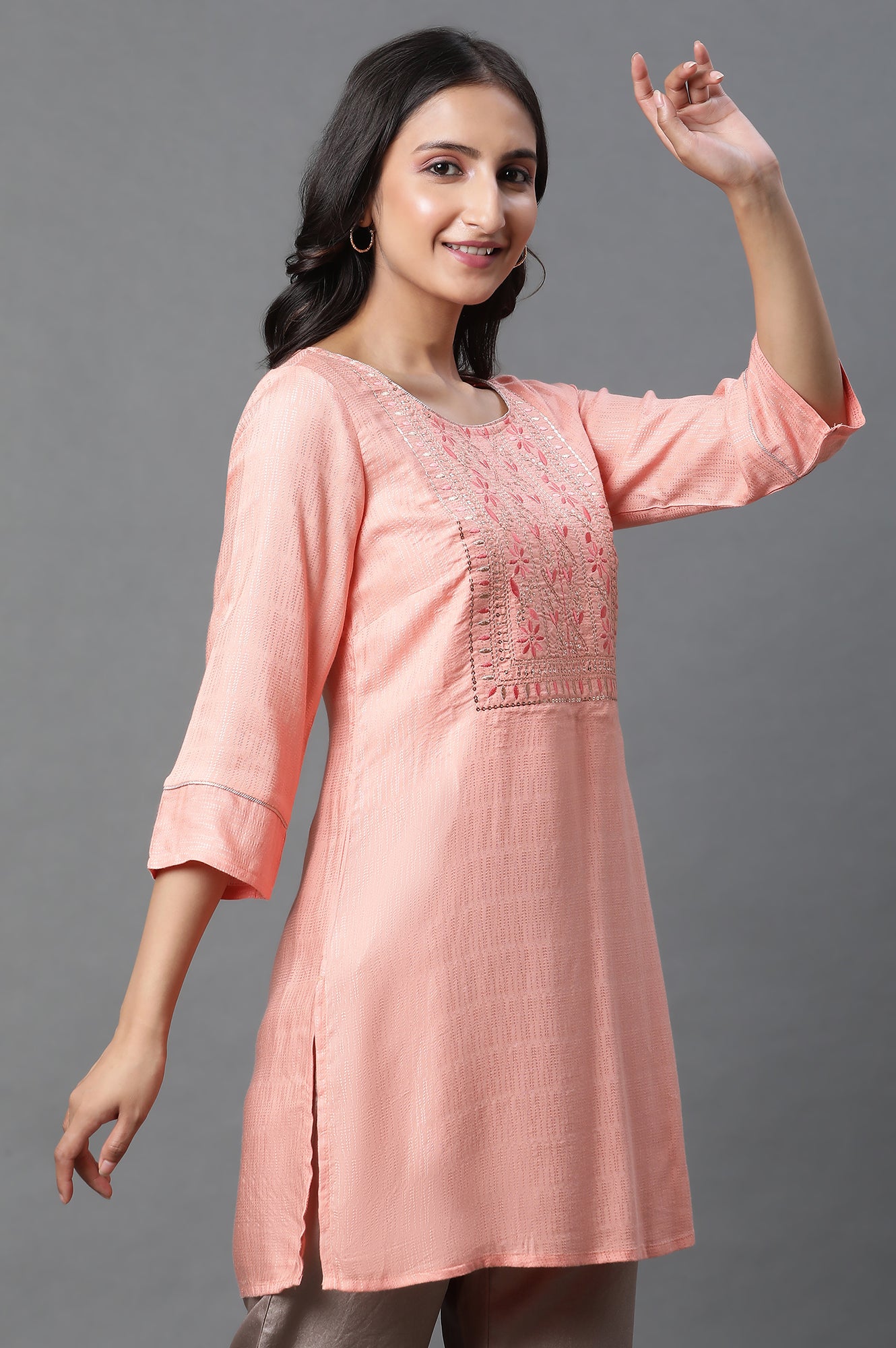 Peach Zari Embroidered Kurti