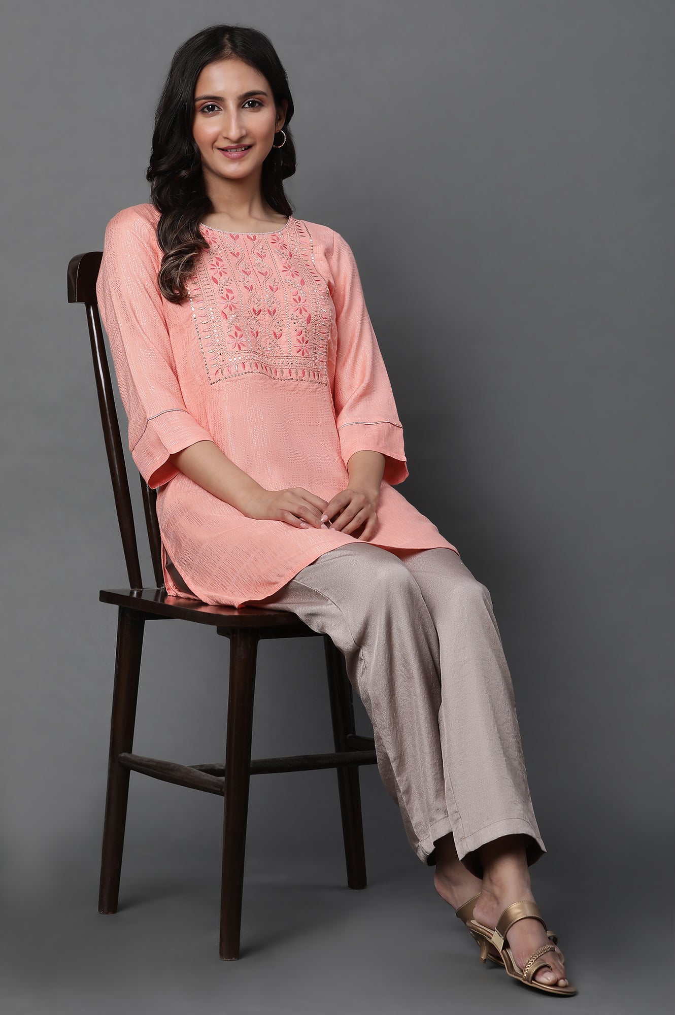 Peach Zari Embroidered Kurti