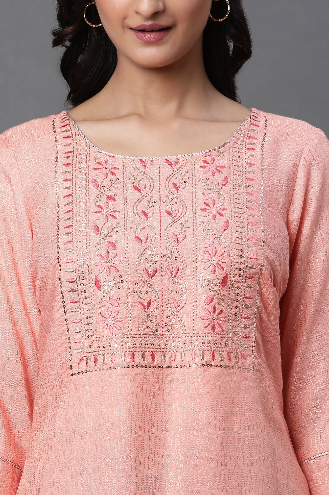 Peach Zari Embroidered Kurti