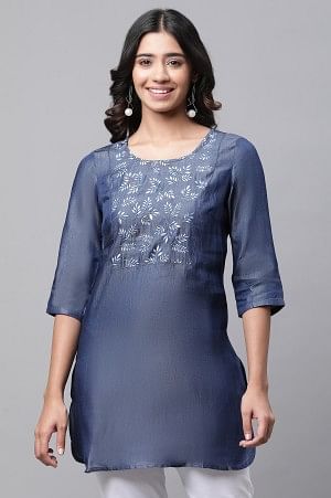 Blue Denim Embroidered Short Kurti