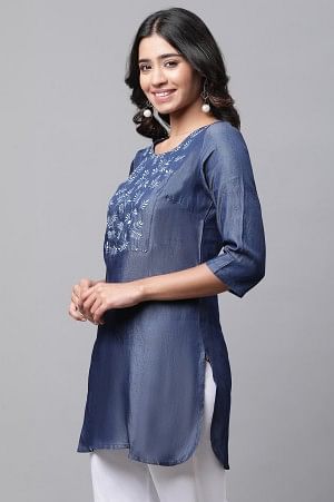 Blue Denim Embroidered Short Kurti