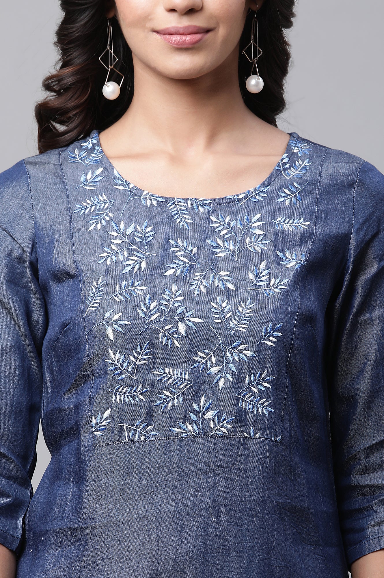 Blue Denim Embroidered Short Kurti