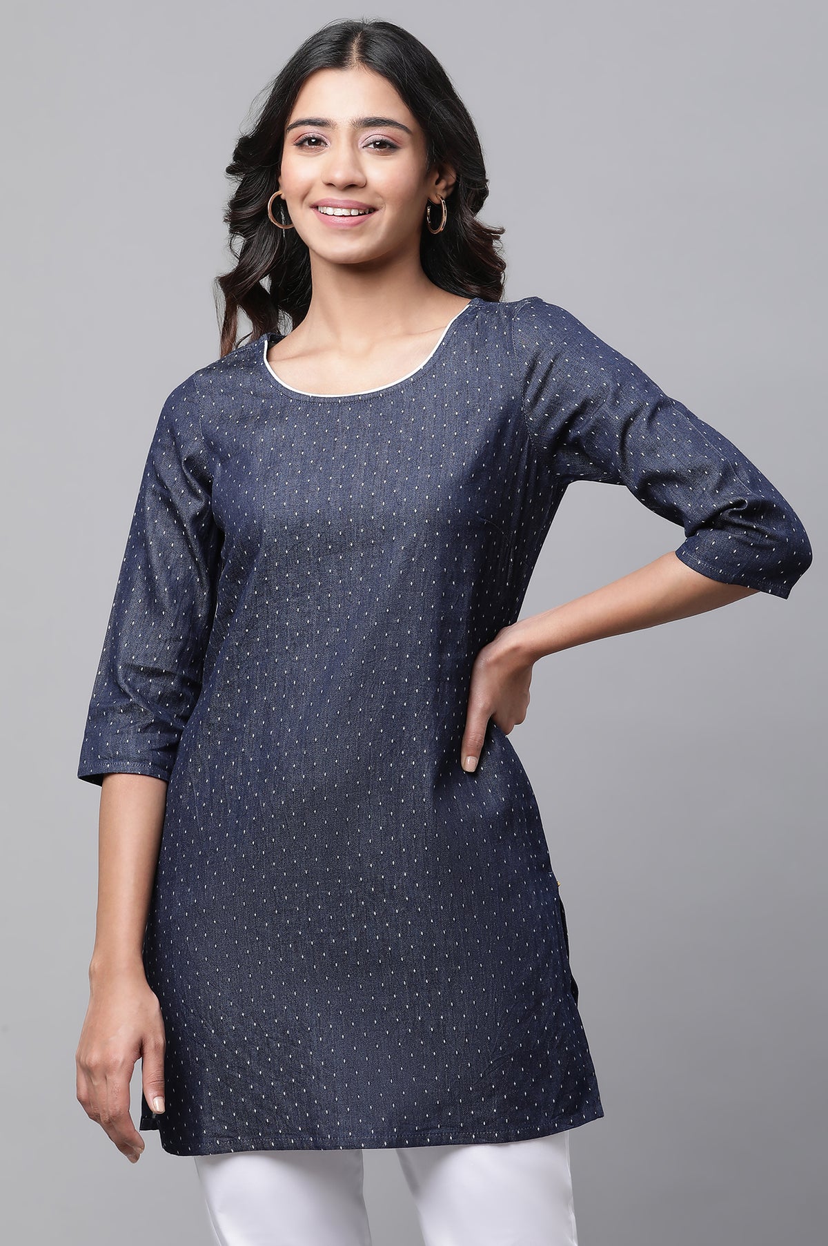 Blue Cotton Denim Casual Short Kurti - XS