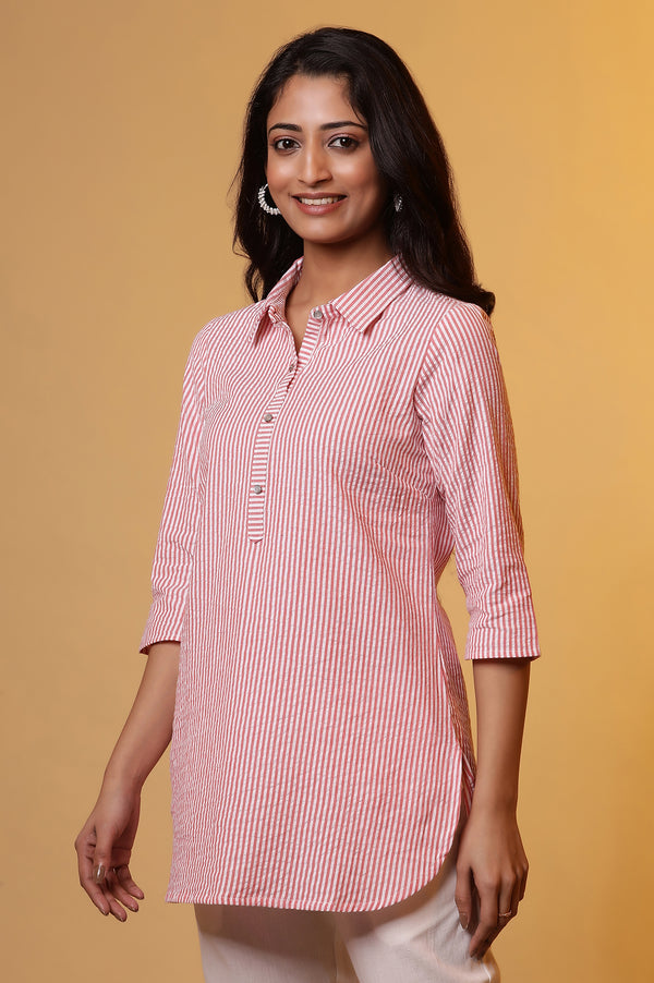 Elleven Women's Peach and White Stripe Shirt Kurti