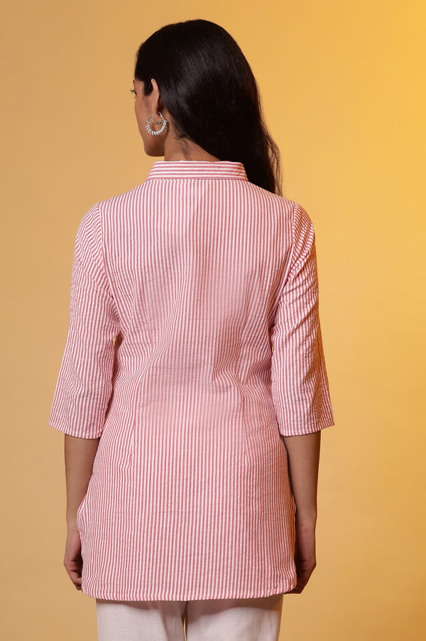 Elleven Women's Peach and White Stripe Shirt Kurti
