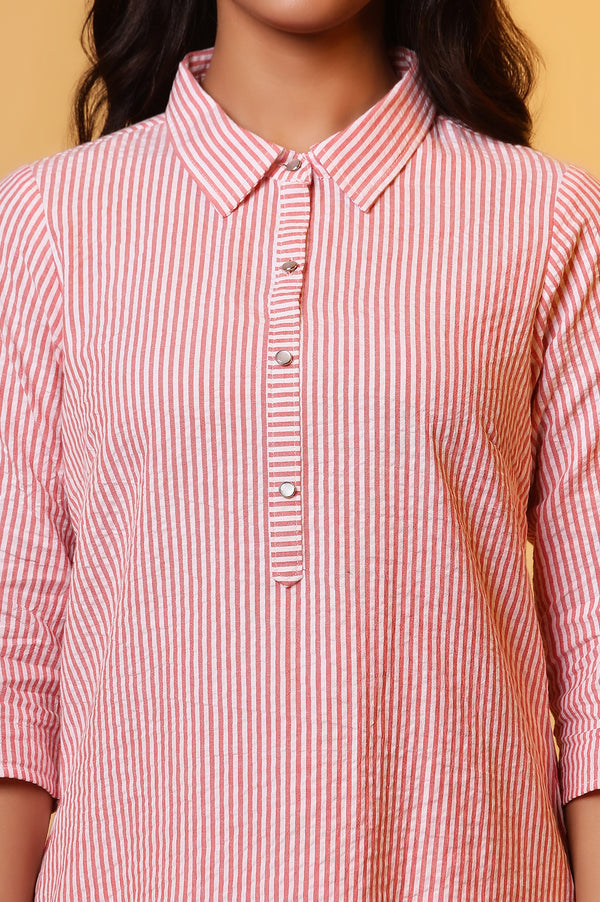 Elleven Women's Peach and White Stripe Shirt Kurti