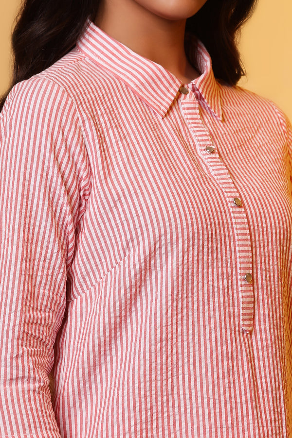 Elleven Women's Peach and White Stripe Shirt Kurti