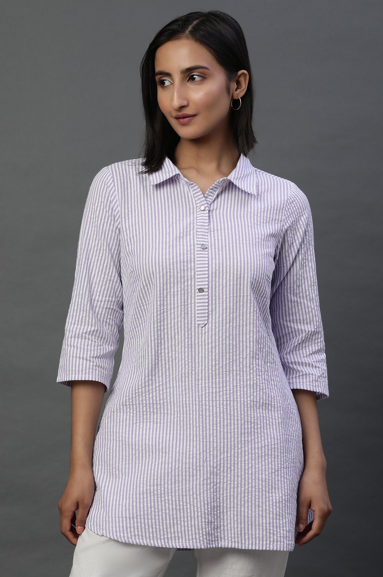 Purple and White Seer Sucker Stripe Casual Kurti