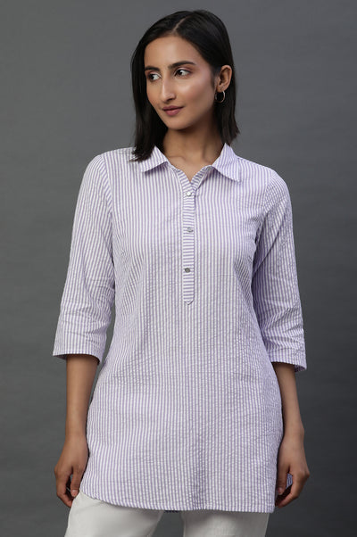 Purple and White Textured Cotton Stripe Casual Kurti