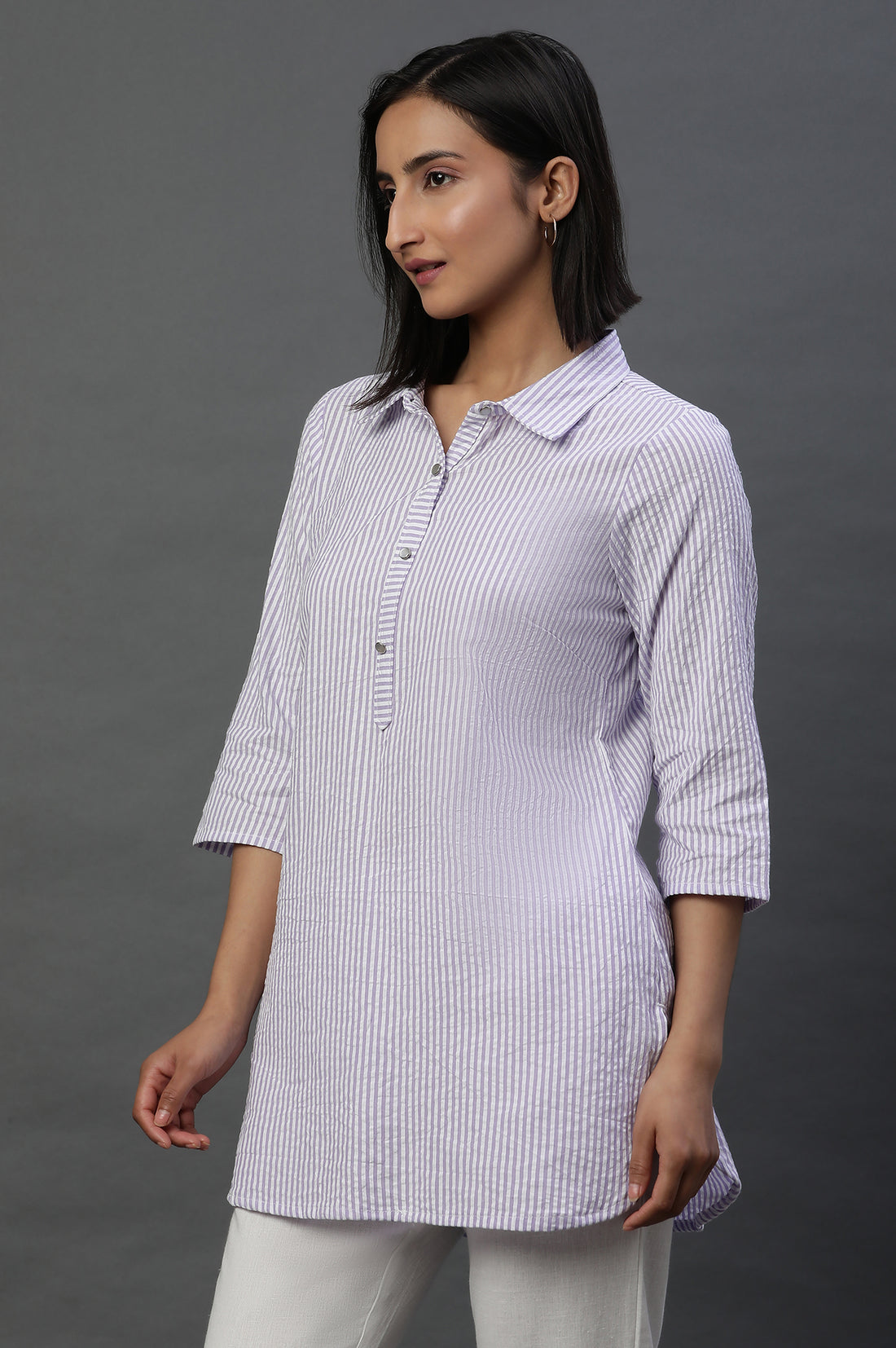 Purple and White Textured Cotton Stripe Casual Kurti