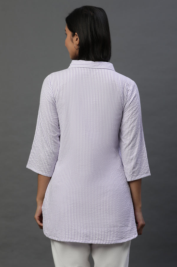 Purple and White Textured Cotton Stripe Casual Kurti