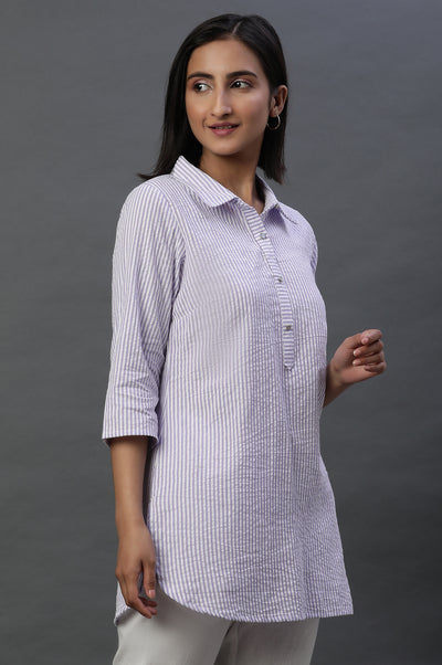 Purple and White Textured Cotton Stripe Casual Kurti