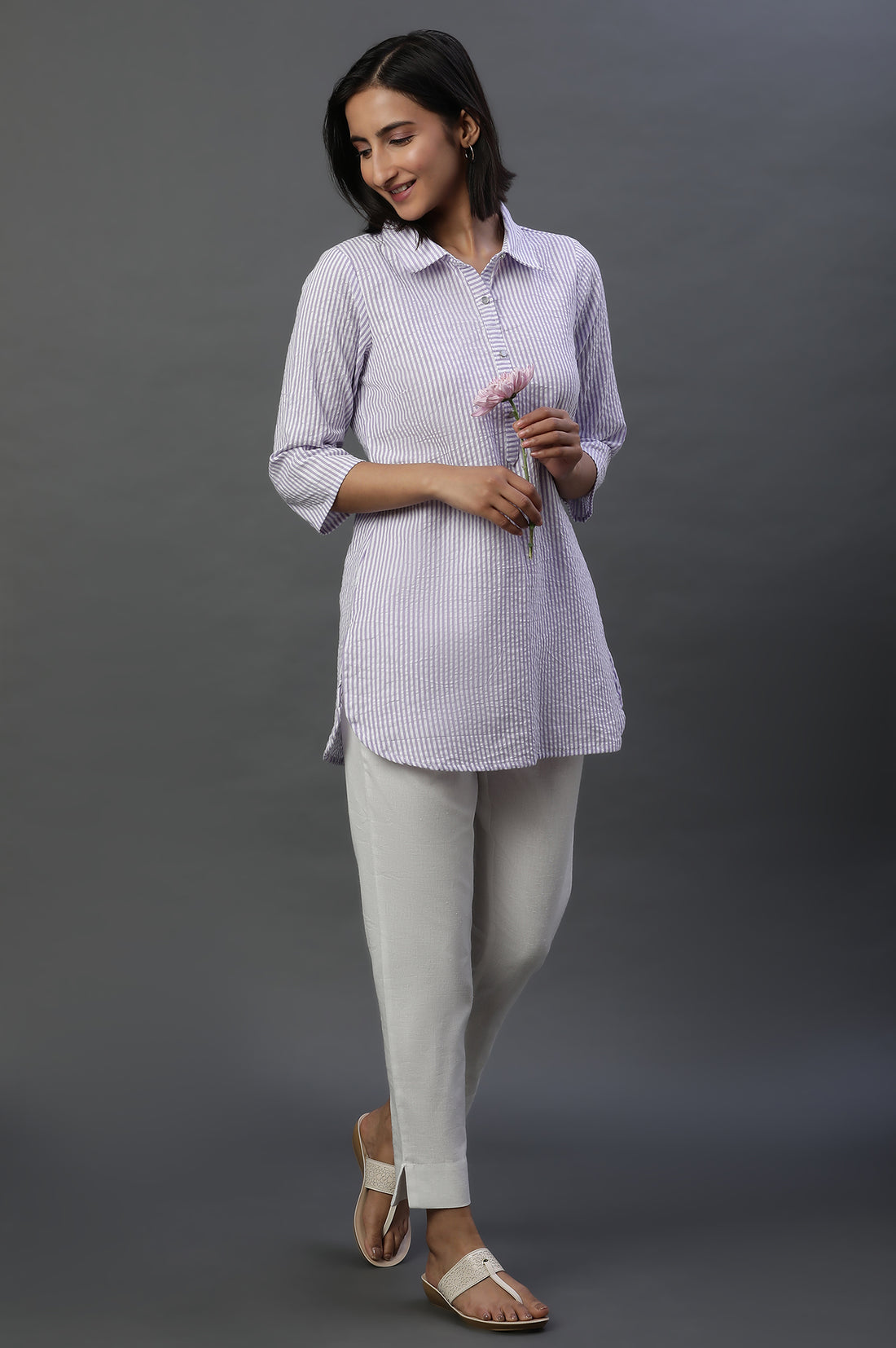 Purple and White Textured Cotton Stripe Casual Kurti