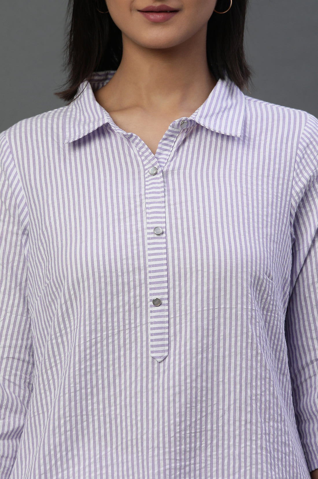 Purple and White Textured Cotton Stripe Casual Kurti