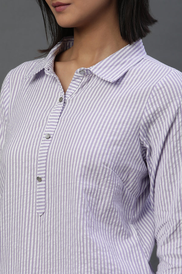 Purple and White Textured Cotton Stripe Casual Kurti