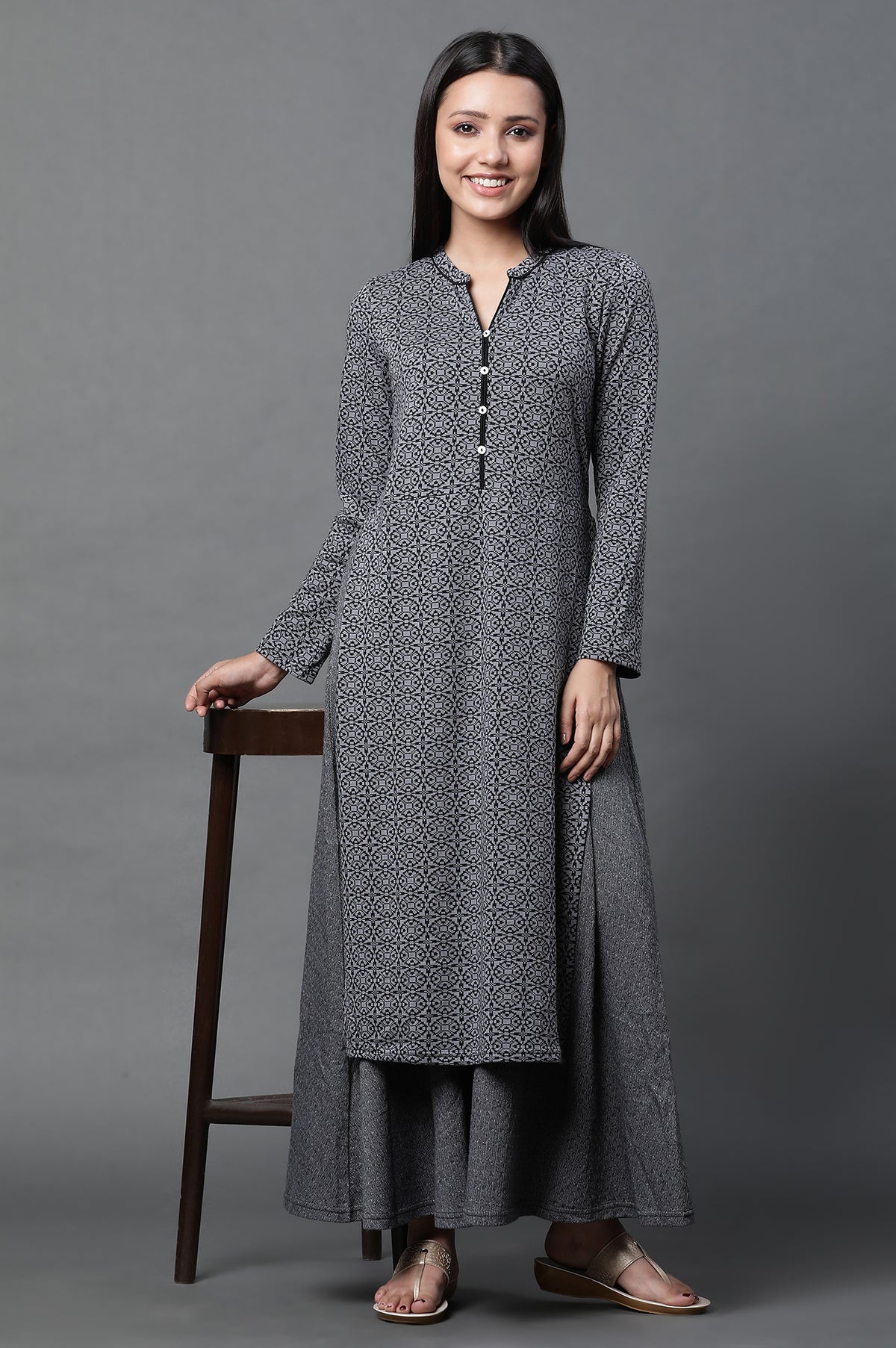 Grey Printed Winter Kurta - XS