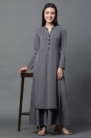 Grey Printed Winter Kurta