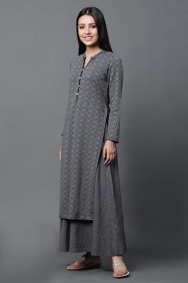 Grey Printed Winter Kurta