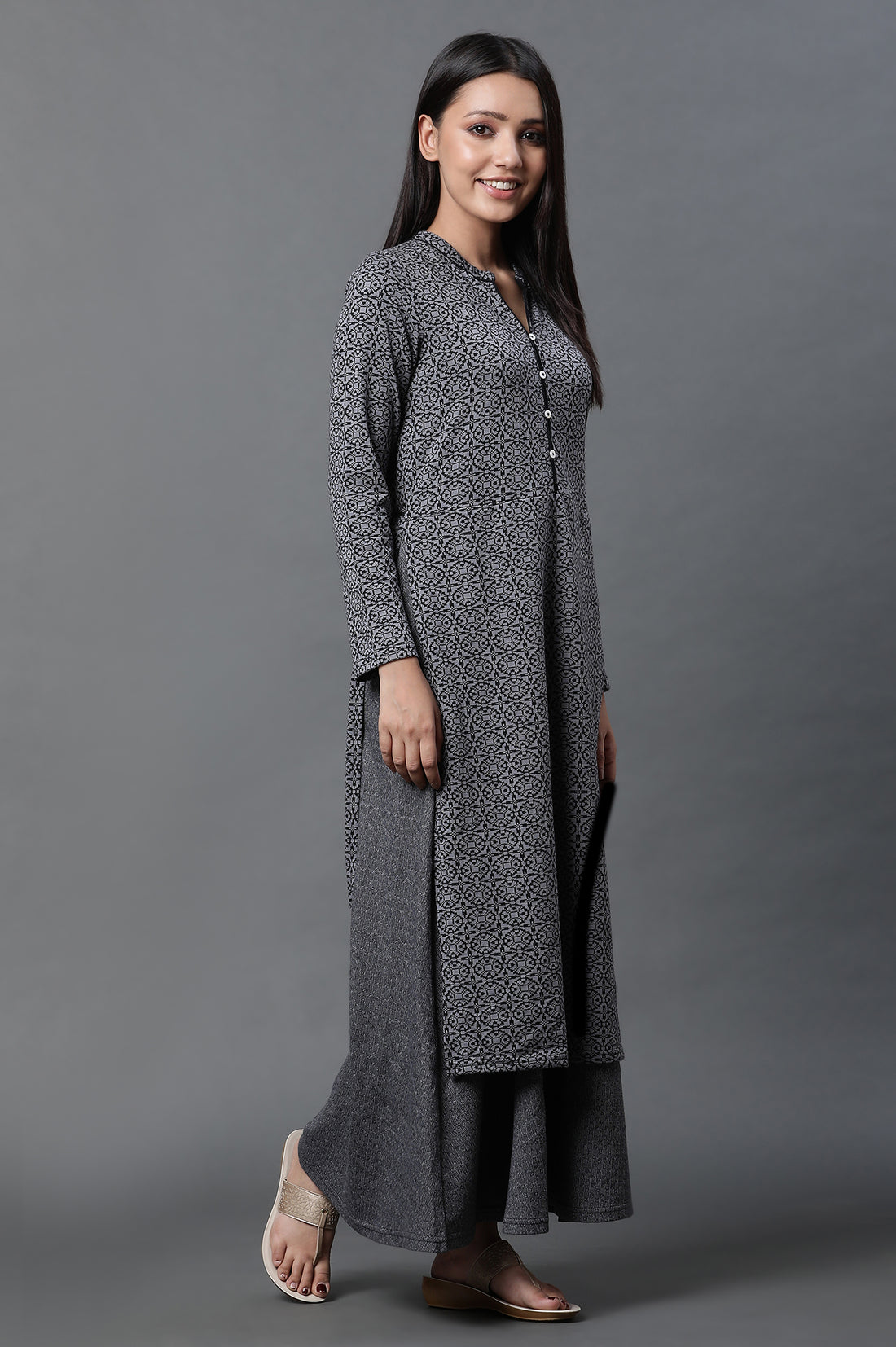 Grey Printed Winter Kurta