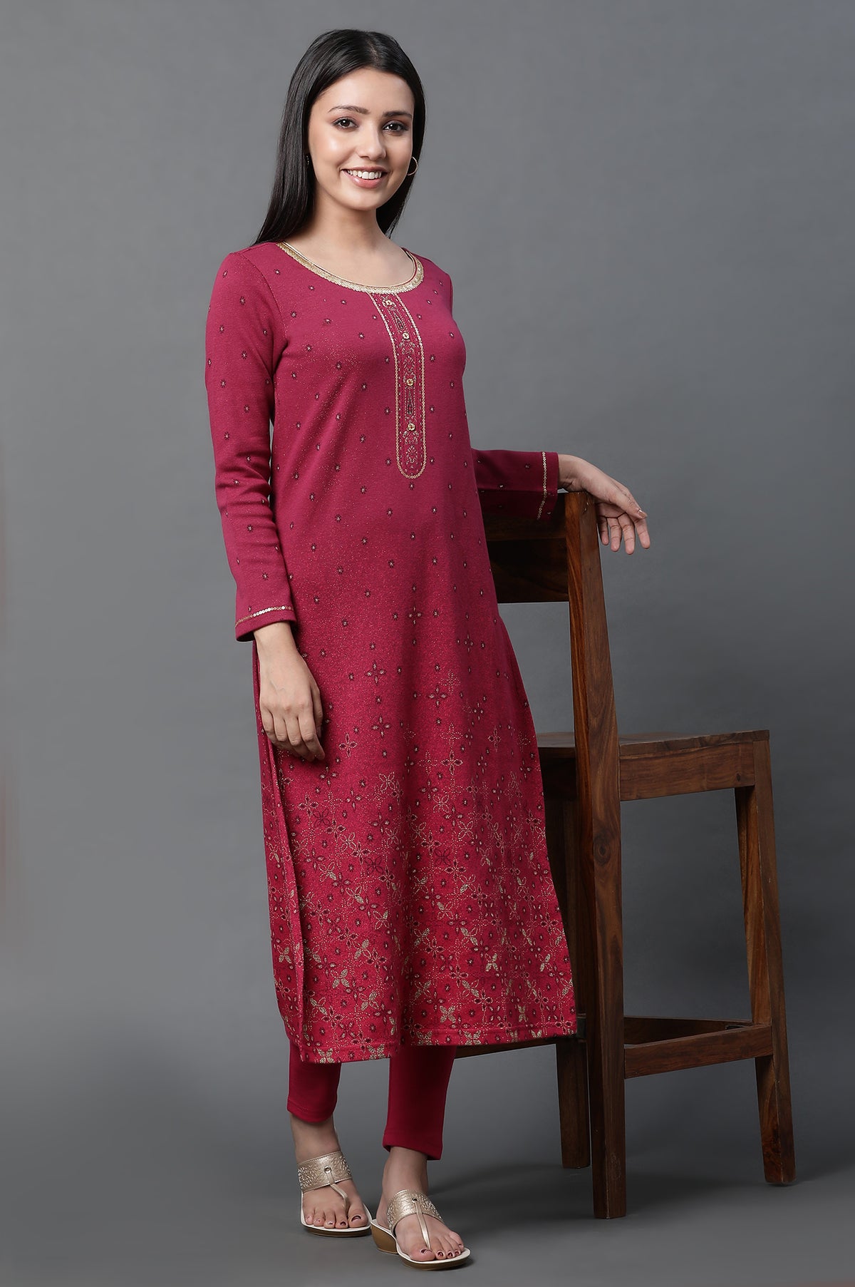 Pink Geometric Printed Jacquard Winter Kurta - XS