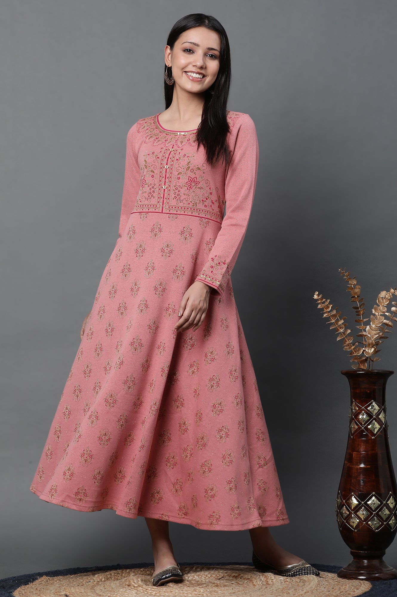 Pink Jacquard Embellished Winter Dress