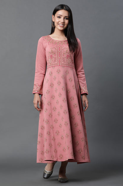 Pink Jacquard Embellished Winter Dress