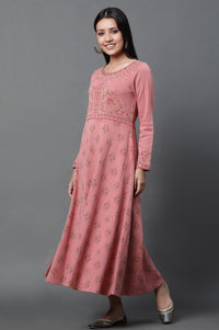 Pink Jacquard Embellished Winter Dress