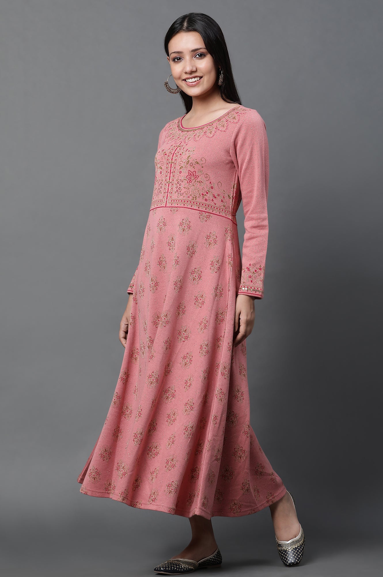 Pink Jacquard Embellished Winter Dress