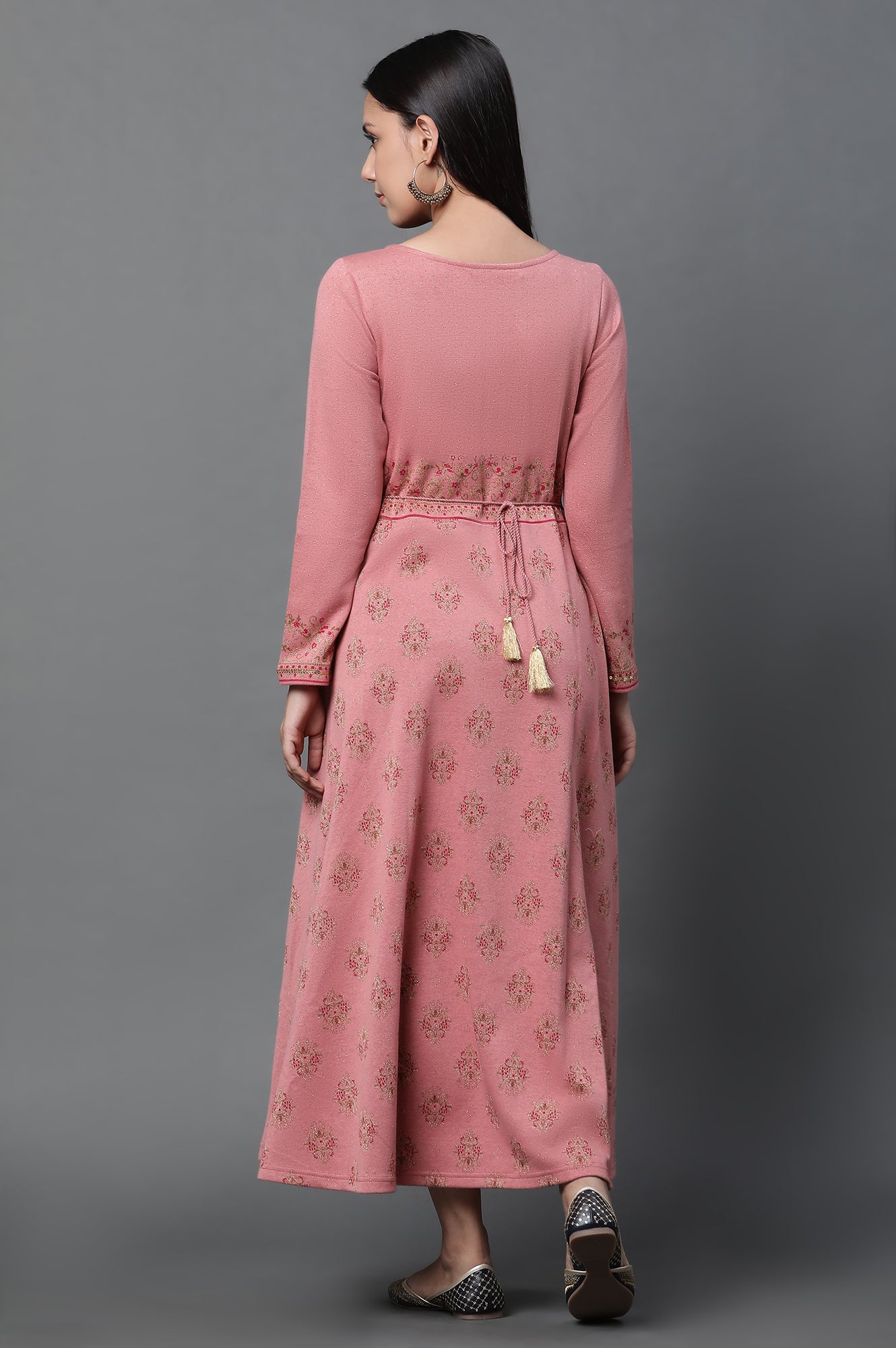 Pink Jacquard Embellished Winter Dress