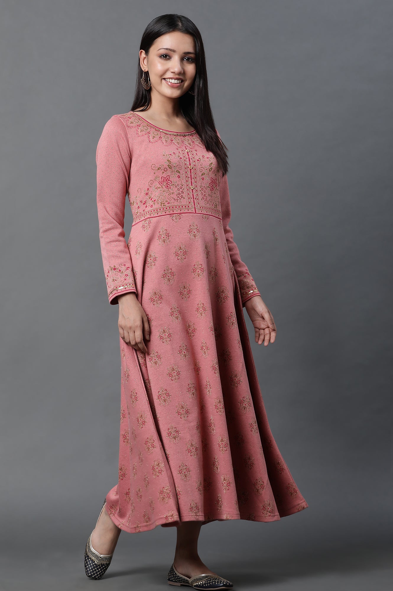 Pink Jacquard Embellished Winter Dress