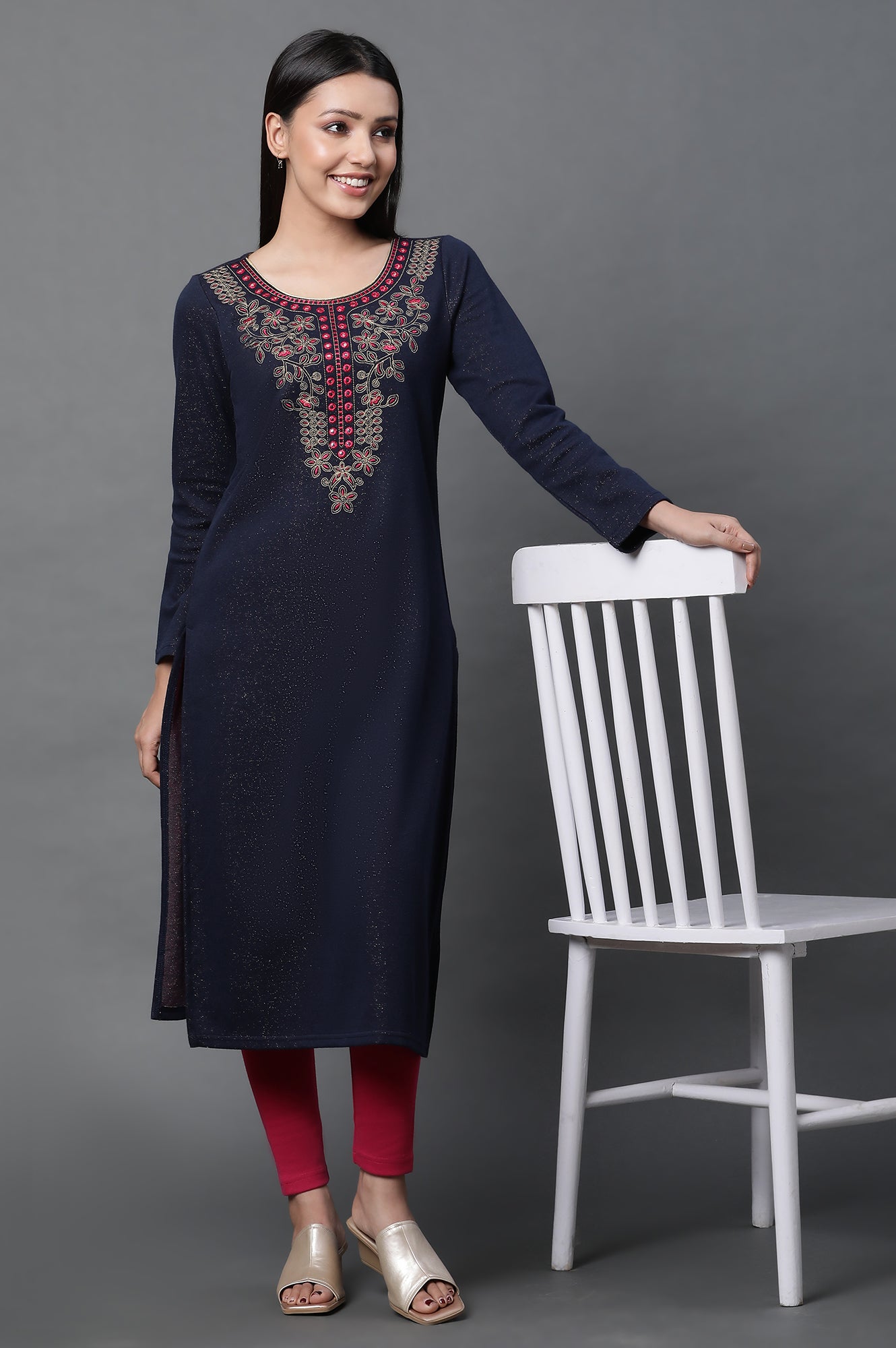 Blue Zari Embroidered Ethnic Winter Kurta