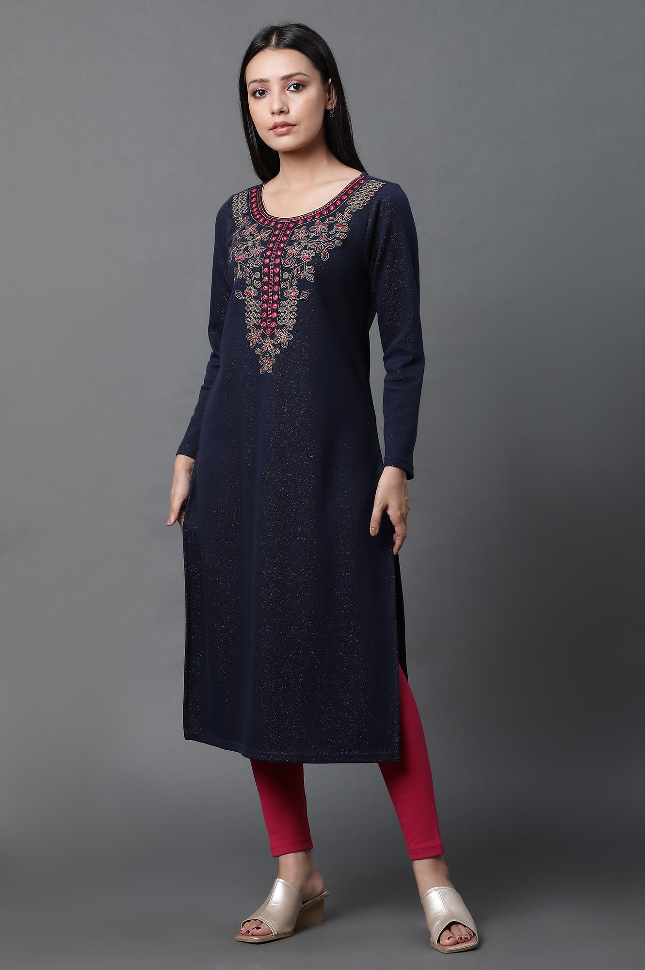 Blue Zari Embroidered Ethnic Winter Kurta