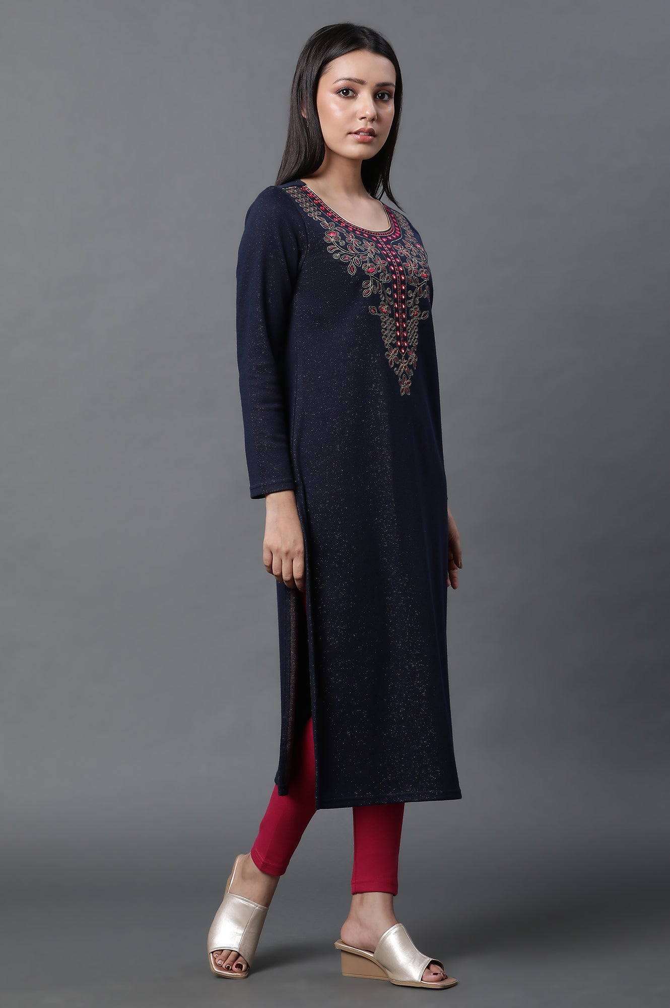 Blue Zari Embroidered Ethnic Winter Kurta