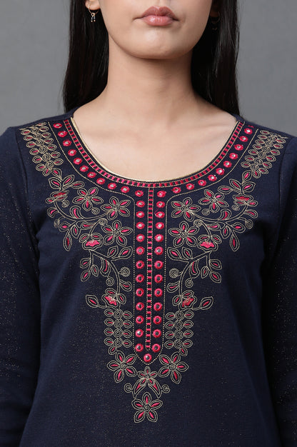 Blue Zari Embroidered Ethnic Winter Kurta