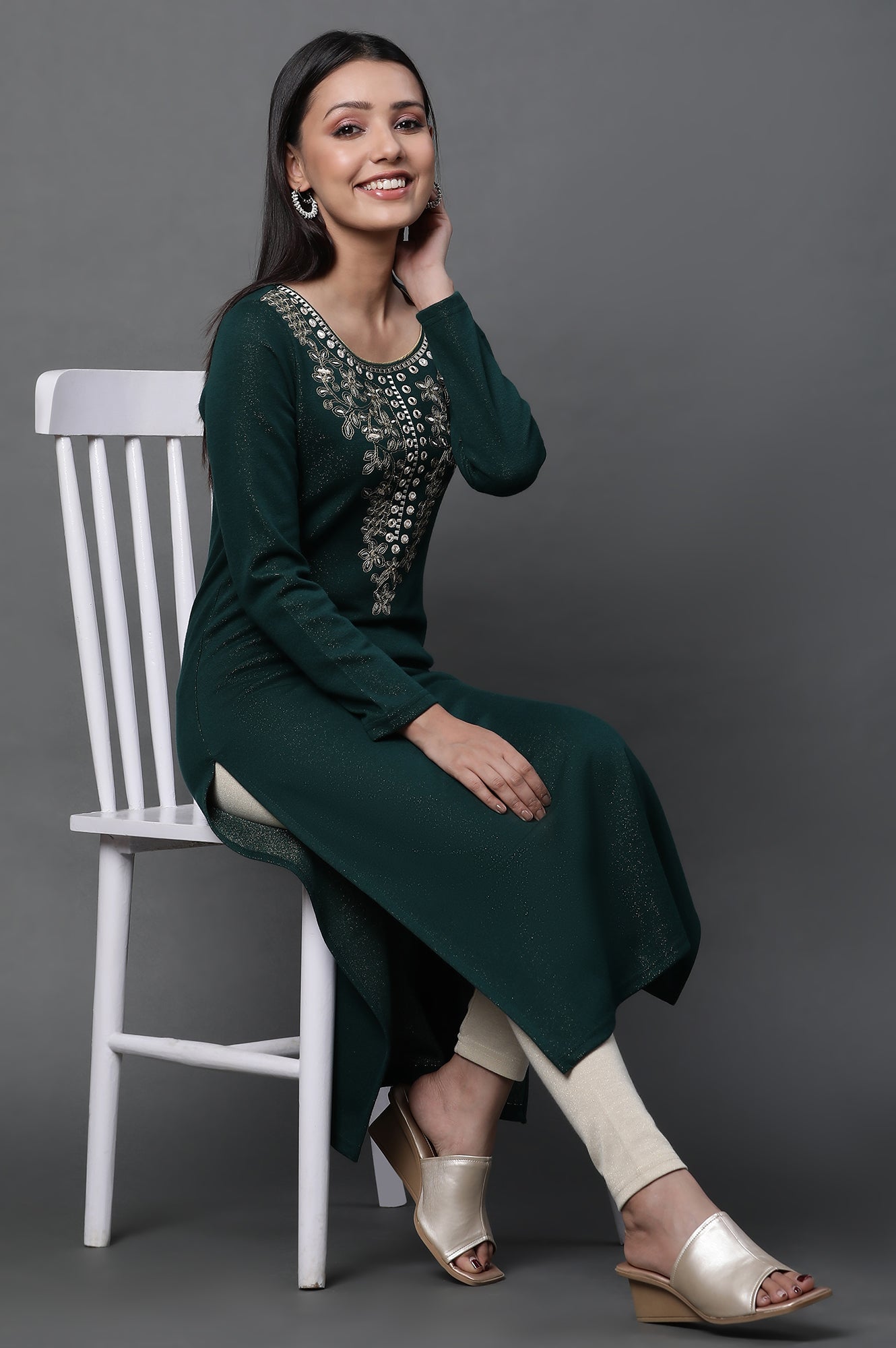 Green Zari Embroidered Ethnic Winter Kurta