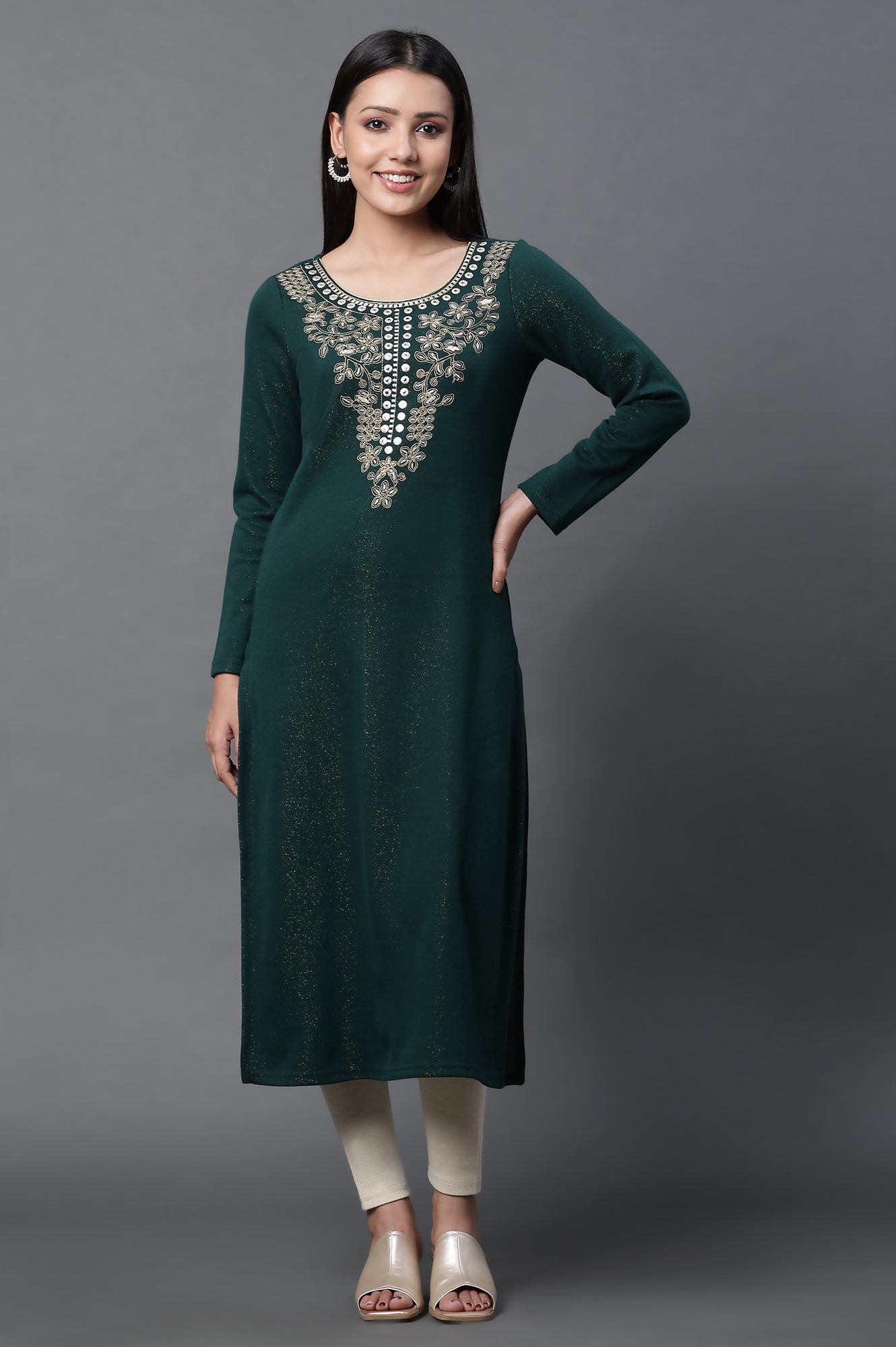 Green Zari Embroidered Ethnic Winter Kurta