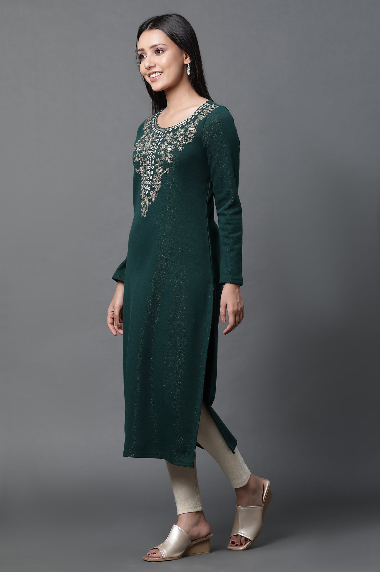 Green Zari Embroidered Ethnic Winter Kurta