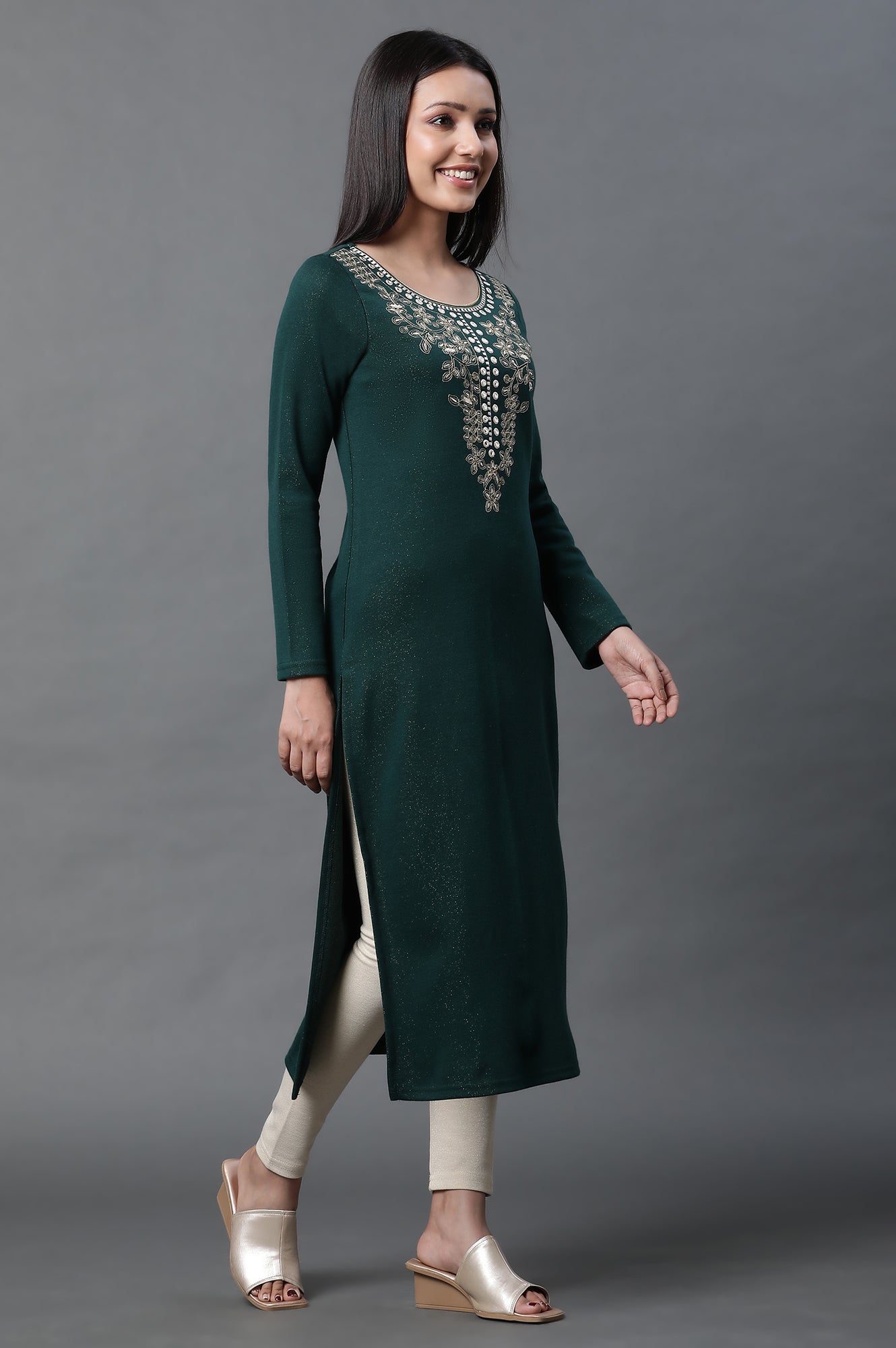 Green Zari Embroidered Ethnic Winter Kurta